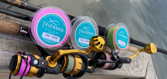 Image of braided fishing line spooled on Penn fishing reels with gomexus power knobs